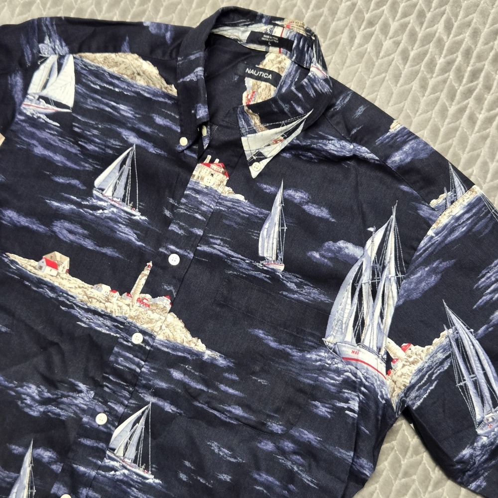Nautica Vintage 90s Night Time Sailing Graphic Shirt Blue Short Sleeve Large